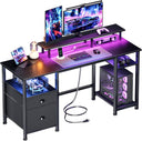 Gaming & Home Office Computer Desk with Power Outlets, LED Lights & Monitor Stand