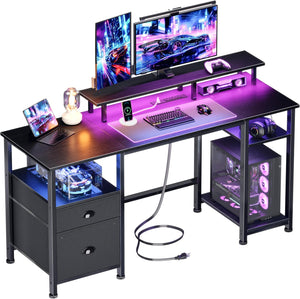 Gaming & Home Office Computer Desk with Power Outlets, LED Lights & Monitor Stand