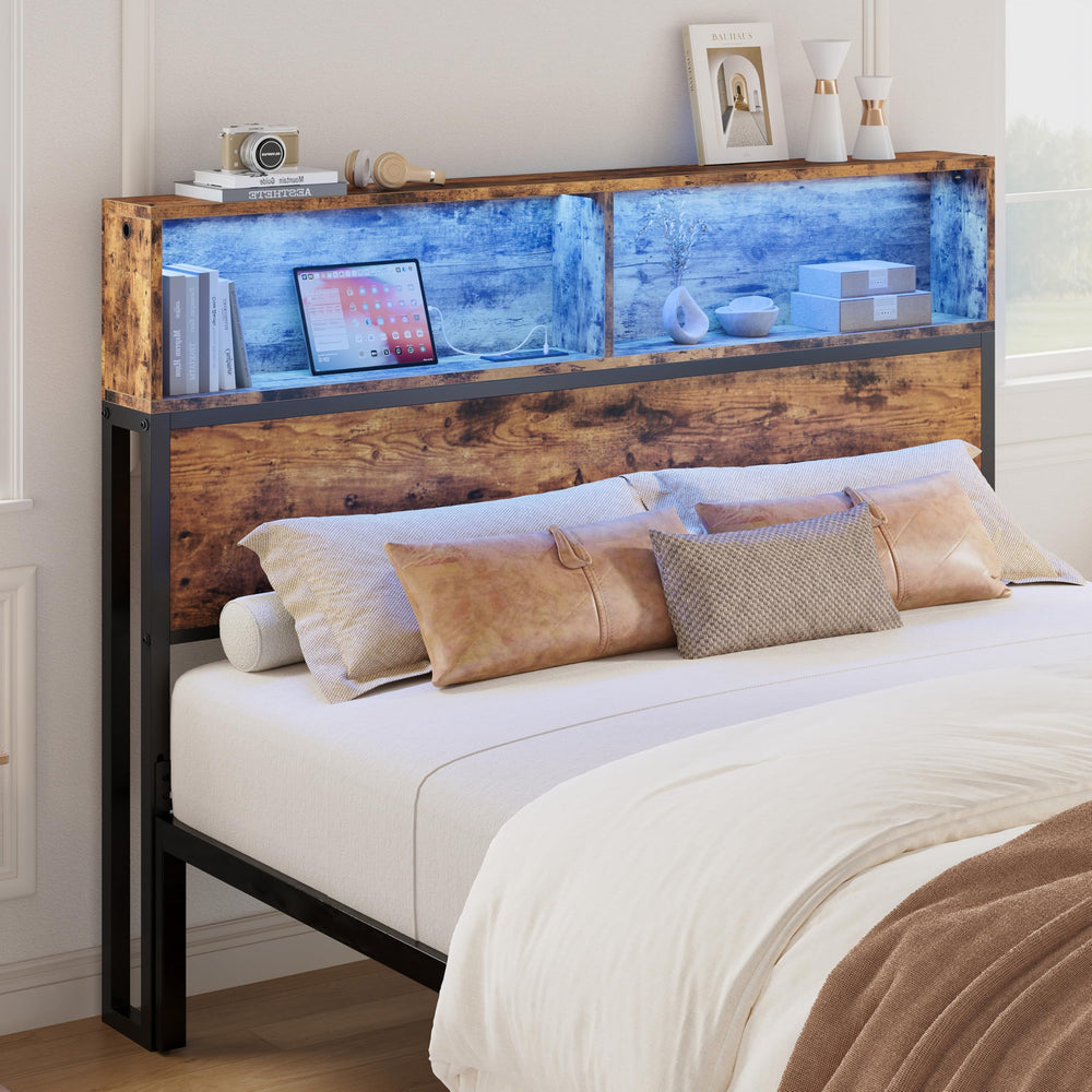 Queen Headboard with LED Light & Charging Station