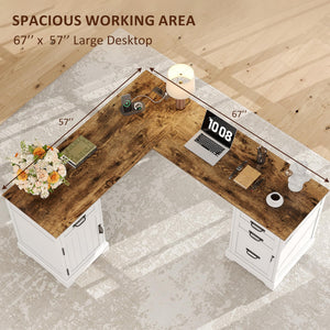 L-Shaped Executive Desk with File Cabinet & Charging Station, 67 Inch