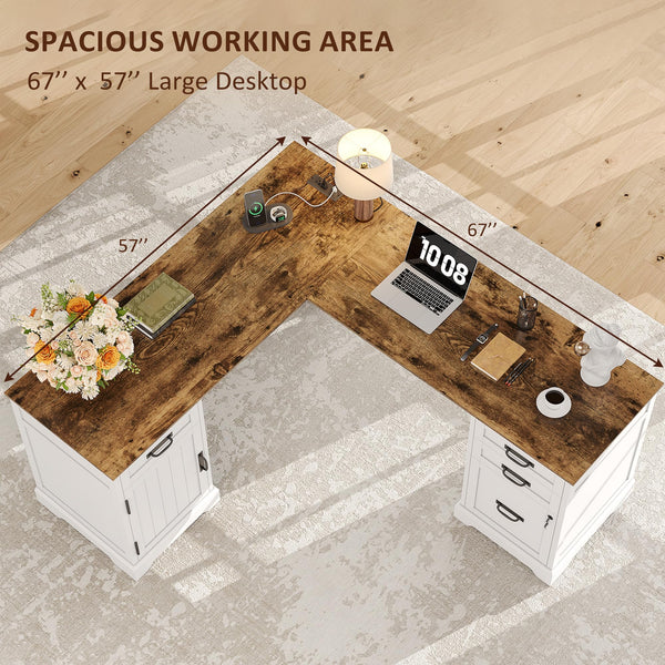 L-Shaped Executive Desk with File Cabinet & Charging Station, 67 Inch