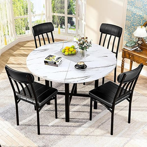 Round Dining Table Set for 4 with Faux Leather Chairs