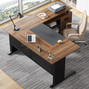 L-Shaped Executive Desk with File Cabinet & Storage Shelves