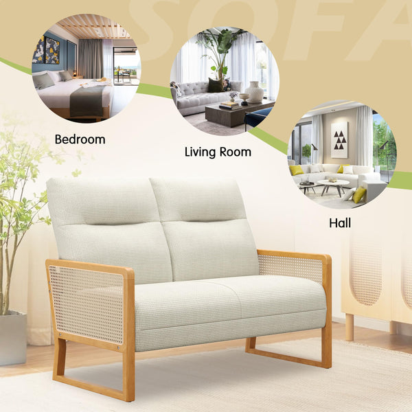 Linen Loveseat with Natural Rattan Arms & Oak Legs