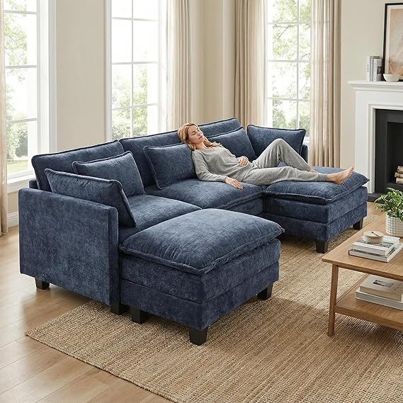 U-Shaped Modular Sectional Sofa with Ottomans & Throw Pillows