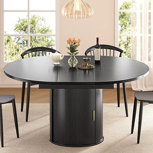 Extendable Round to Oval Dining Table with Storage Cabinet