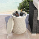 Outdoor Side Table with Storage Cement Patio End Table Wood Lid Accent Table