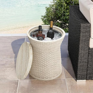 Outdoor Side Table with Storage Cement Patio End Table Wood Lid Accent Table