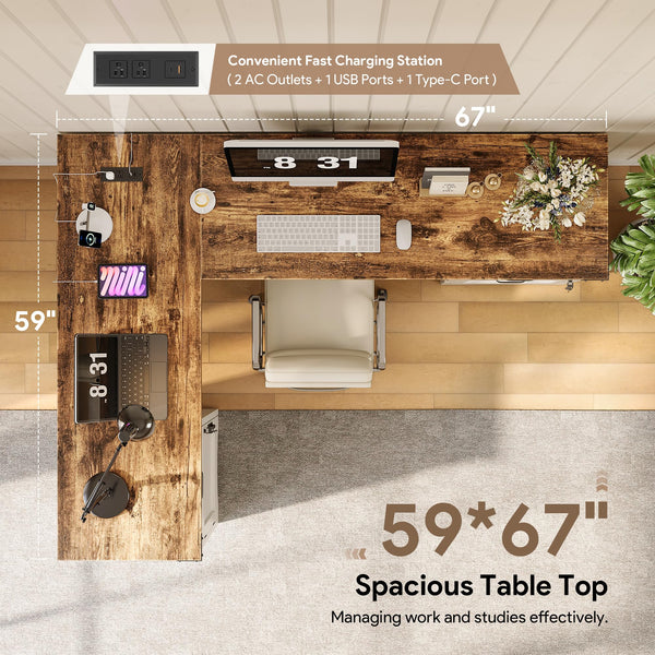 L-Shaped Farmhouse Executive Desk with Drawers & Charging Station