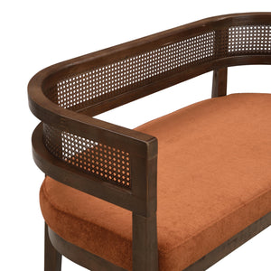 Fabric Upholstered Loveseat with Rattan Backrest & Rubberwood Frame