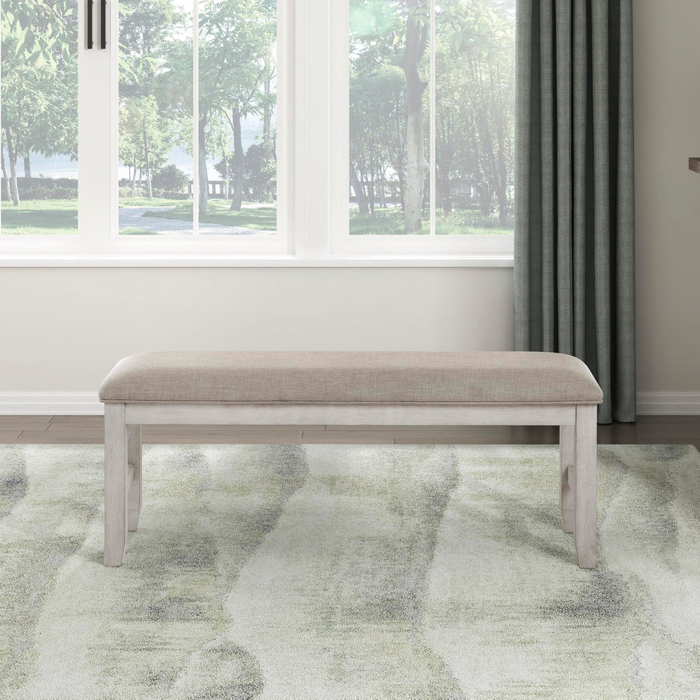 Upholstered Dining Bench with Wood Frame – Light Gray Fabric, Antique White Finish