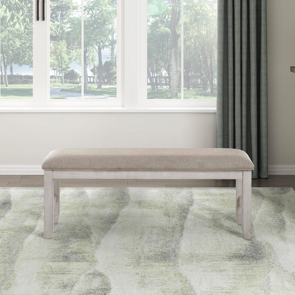 Upholstered Dining Bench with Wood Frame – Light Gray Fabric, Antique White Finish