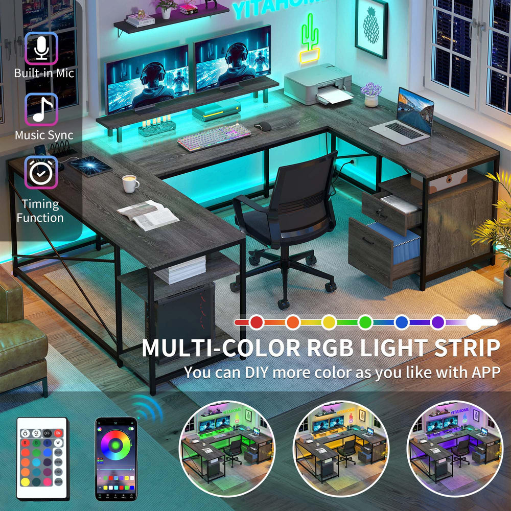 U-Shaped Computer Desk with Power Outlets, LED Lights & Storage
