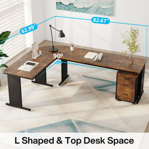 L-Shaped Executive Desk with Drawers & Rolling File Cabinet