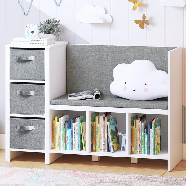 Kids Reading Nook Bench with Bookshelf and Storage Organizer