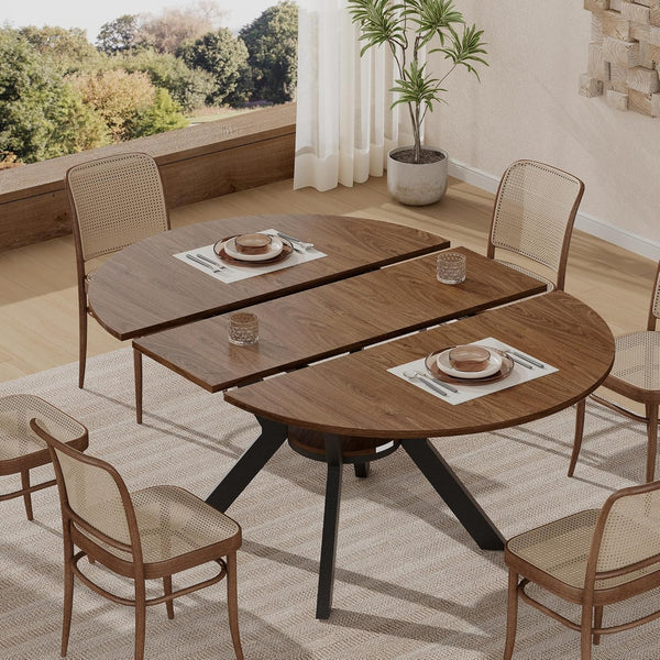 Extendable Round to Oval Dining Table with Hidden Leaves & Storage Shelf