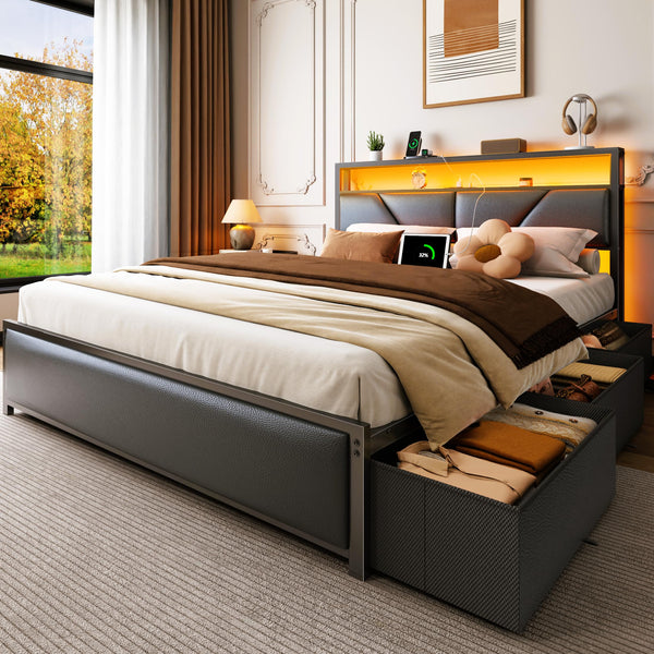 Queen & Full Platform Bed with Storage Headboard, LED Lights & Charging Station