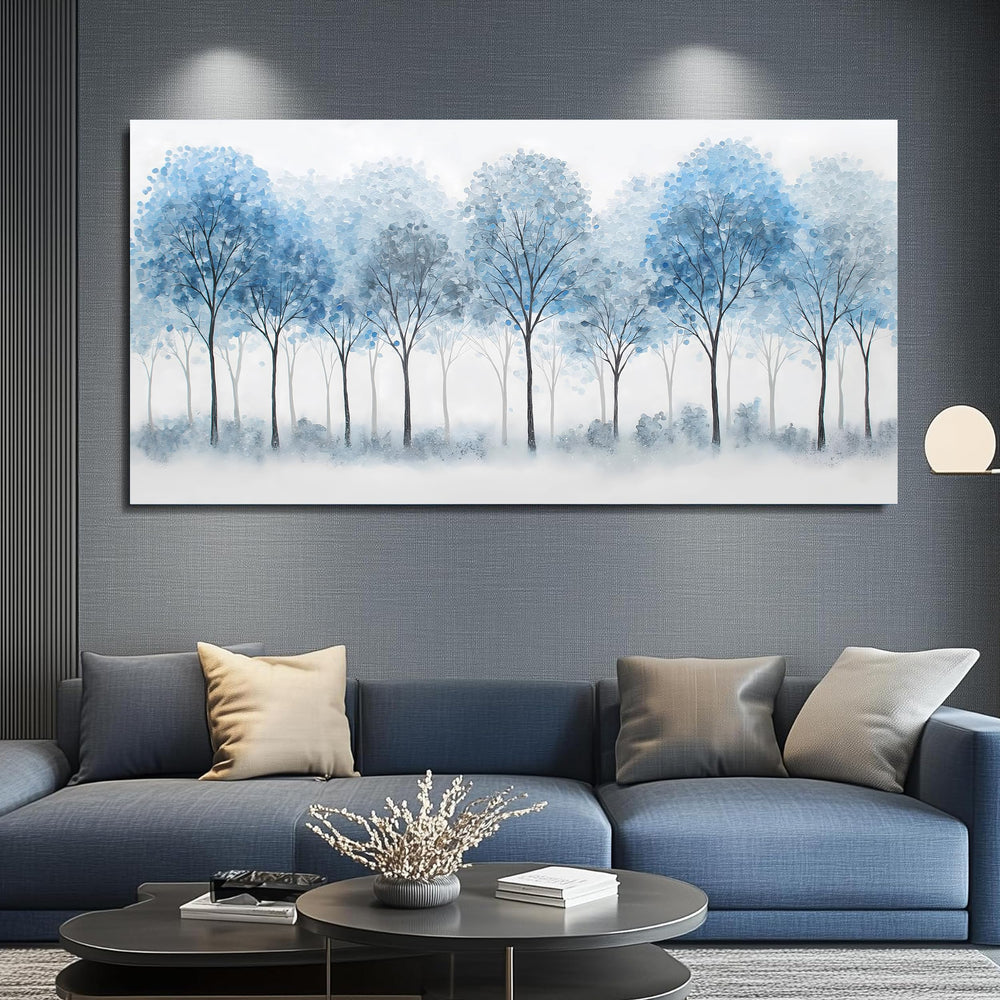 Blue Forest Canvas Wall Art – White Misty Trees Landscape, Multiple Sizes
