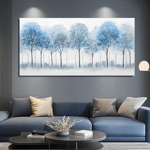 Blue Forest Canvas Wall Art – White Misty Trees Landscape, Multiple Sizes