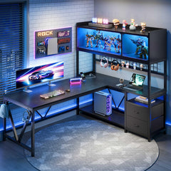 L-Shaped Gaming & Office Desk with Storage, Drawers, LED Cabinet & Power Outlet
