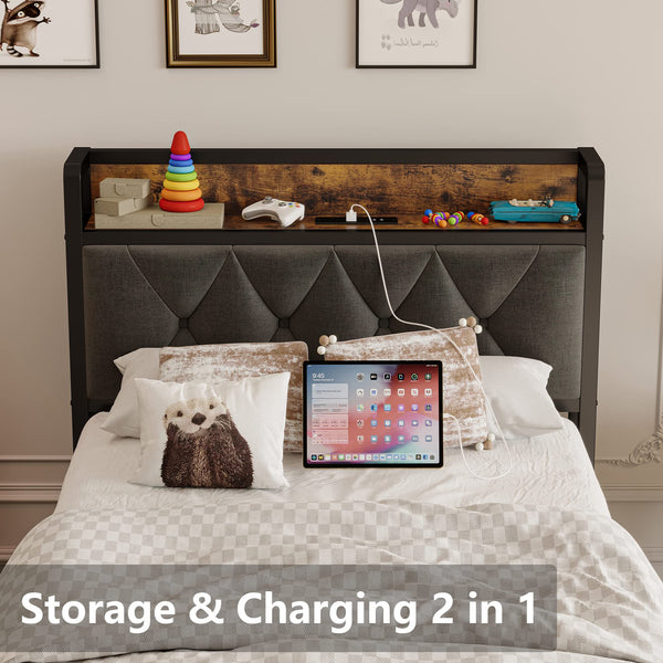 Twin Size Upholstered Bed Frame with Storage & Power Outlets
