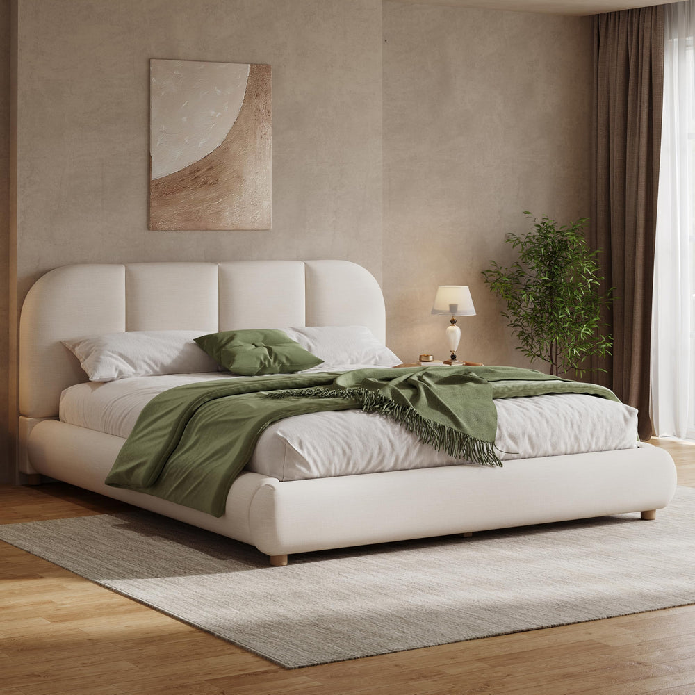 Linen Upholstered Platform Bed Frame with Curved Headboard