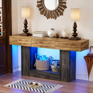 63" Farmhouse Console Table with LED Lights, Hidden Safe & 3 Drawers