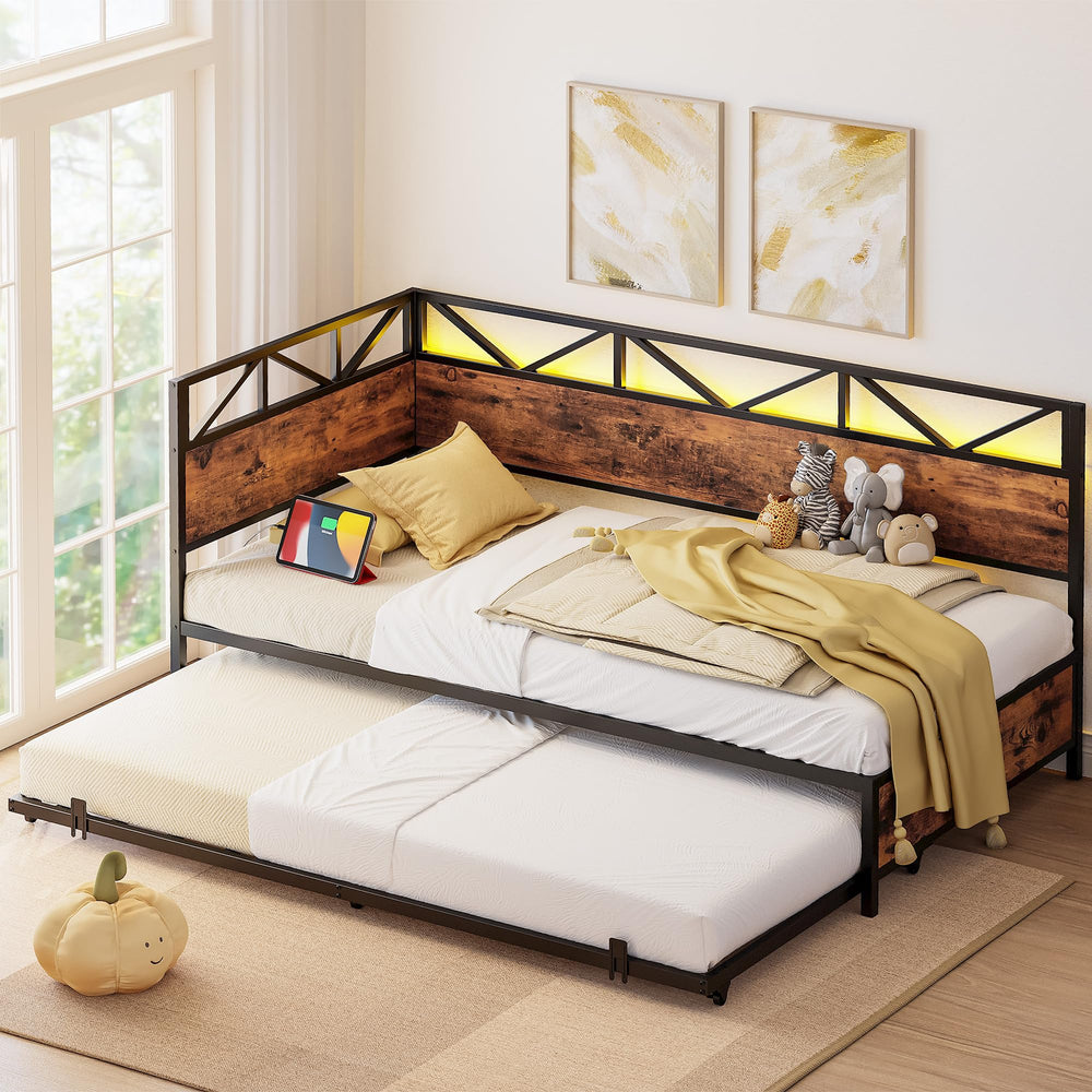 Twin Daybed with Trundle, RGB LED Lights & Charging Station
