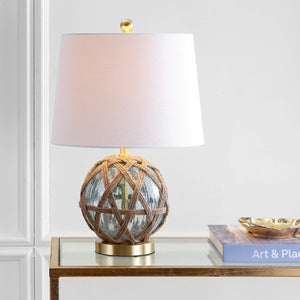Aqua Glass & Rope Nautical Table Lamp with White Linen Drum Shade