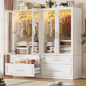 Armoire Wardrobe Closet with Glass Doors, Drawers & LED Light