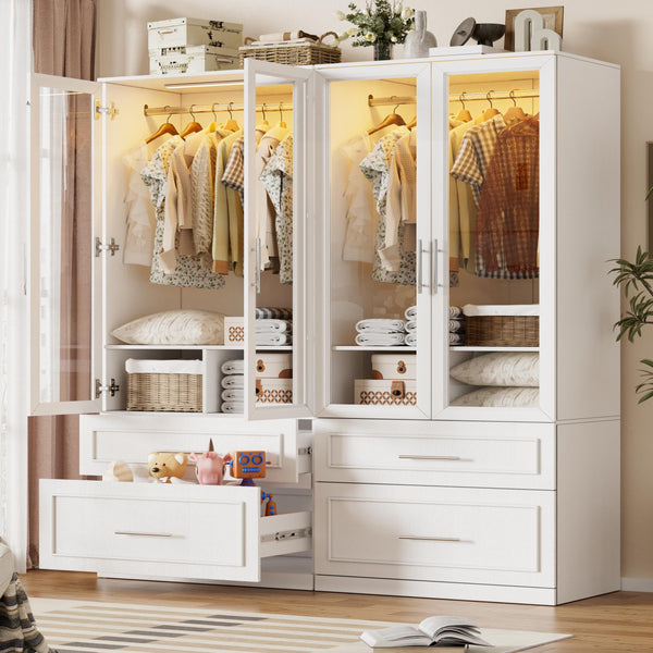 Armoire Wardrobe Closet with Glass Doors, Drawers & LED Light