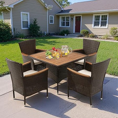 Rattan Patio Dining Set with Acacia Wood Tabletop