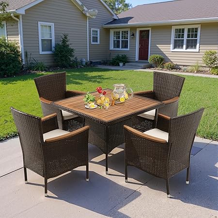 Rattan Patio Dining Set with Acacia Wood Tabletop