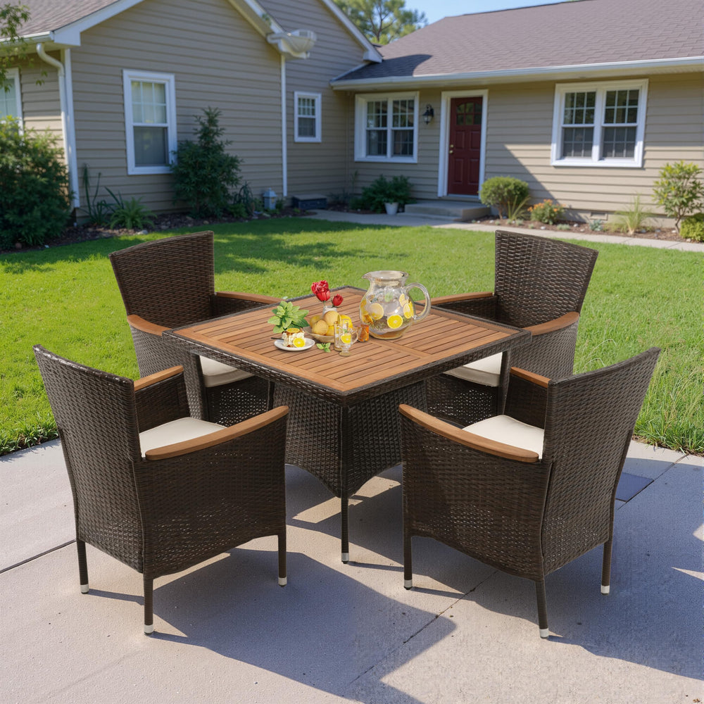 Rattan Patio Dining Set with Acacia Wood Tabletop