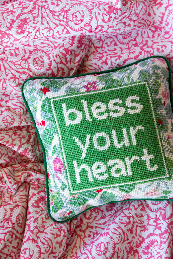 Needlepoint Throw Pillow – Bless Your Heart – 10" x 10" Green Embroidered Accent Pillow