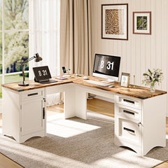L-Shaped Farmhouse Executive Desk with Drawers & Charging Station