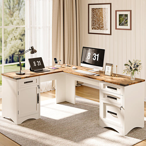 L-Shaped Farmhouse Executive Desk with Drawers & Charging Station