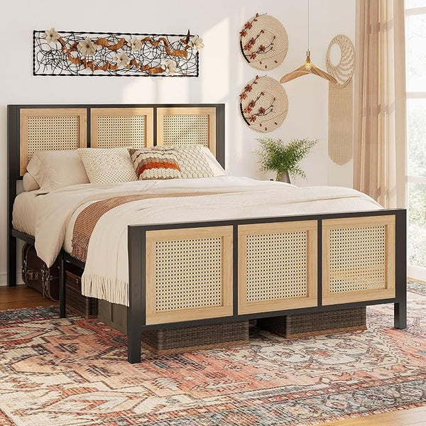 Rattan Headboard Platform Bed Frame