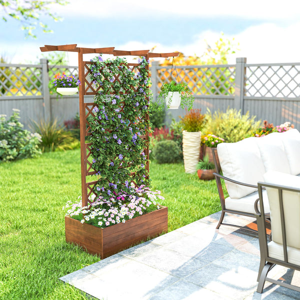 Raised Garden Bed with Trellis and Pergola Roof – Fir Wood Planter Box