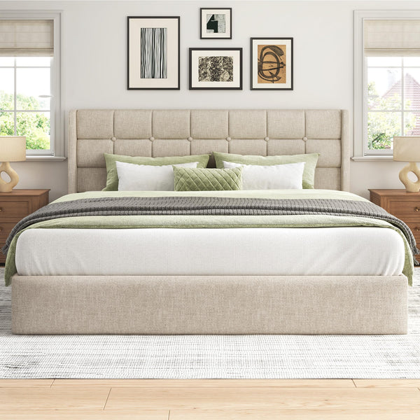 King Size Lift-Up Storage Bed Frame with Tufted Wingback Headboard