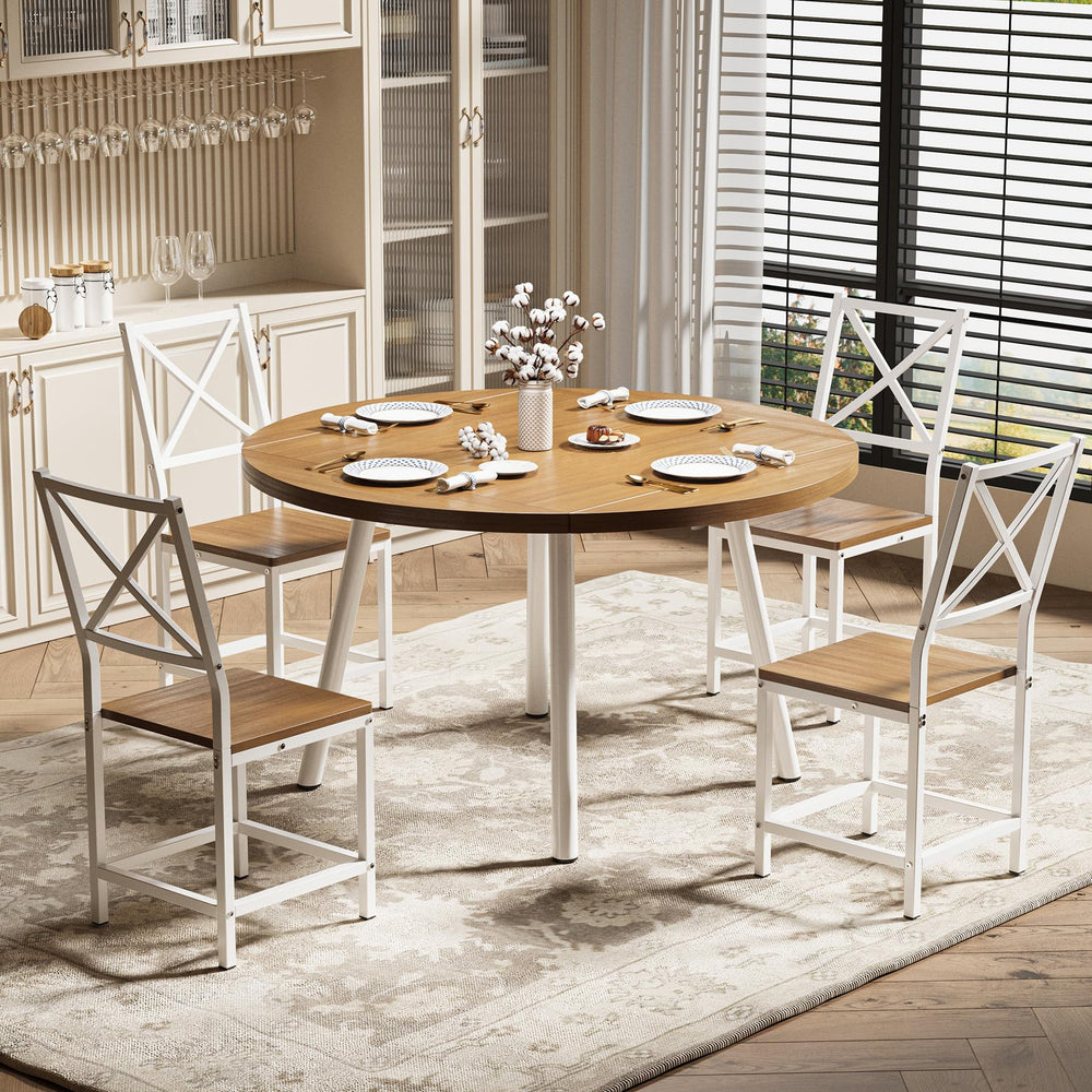 Drop-Leaf Round Dining Table Set for 4 with Chairs