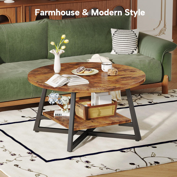 Round Coffee Table with Storage – 2-Tier Modern Wood & Metal Design