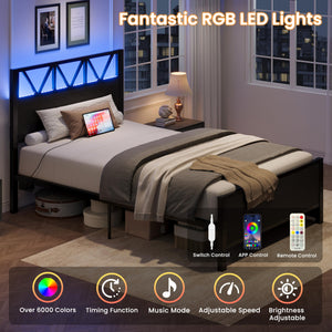 Twin Bed Frame with Storage Drawers, LED Lights & Charging Station