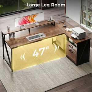 L-Shaped Executive Desk with File Cabinet, LED Lights & Power Outlet, 61 Inch Corner Computer Desk with Monitor Stand