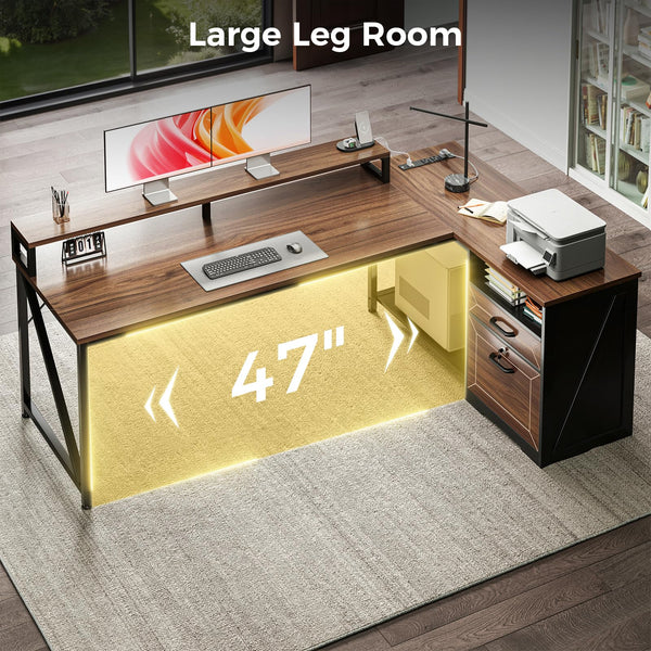 L-Shaped Executive Desk with File Cabinet, LED Lights & Power Outlet, 61 Inch Corner Computer Desk with Monitor Stand