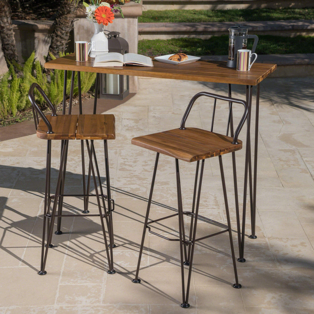 Outdoor Acacia Wood Bar Set with Wrought Iron Frame