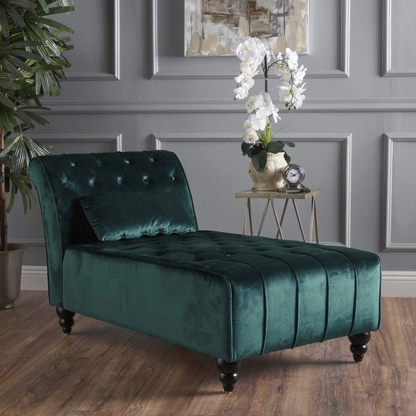 Tufted Velvet Chaise Lounge with Scrolled Backrest – Dark Teal