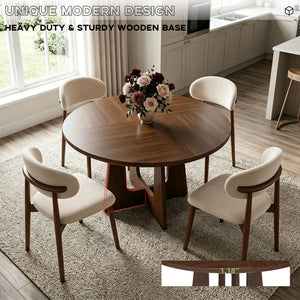 47" Round Dining Table Set for 4 — Walnut & Camel Upholstered Chairs