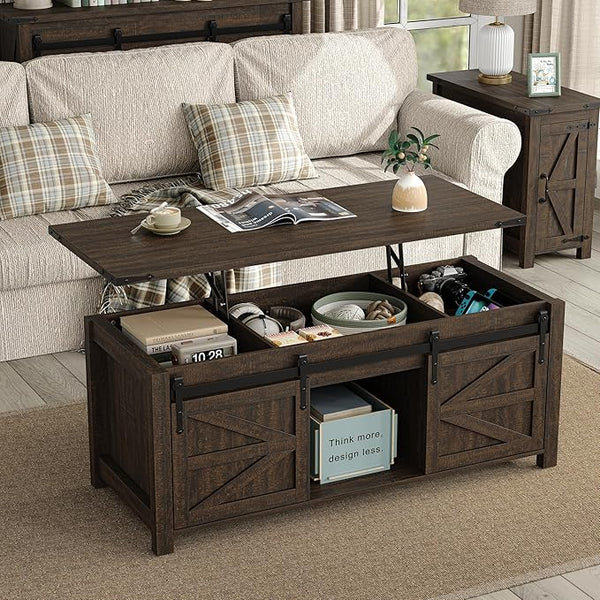 Lift Top Coffee Table with Storage & Sliding Barn Doors, Farmhouse