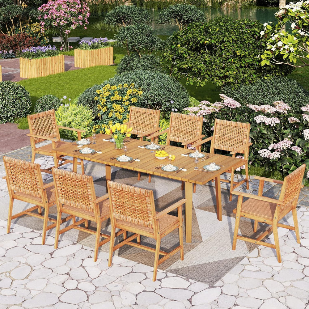 Acacia Wood Outdoor Dining Set with Wicker Chairs – Farmhouse Patio Table Set